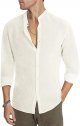 Mens Cotton Linen Shirts Summer Casual Long Sleeve Band Collar Button Down Beach Shirt