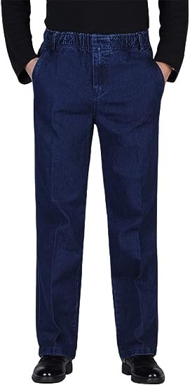 Men’s Elastic Waist Loose Fit Denim Pants Casual Solid Jeans Trouser