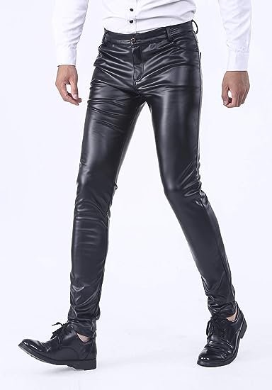 Men's Business Slim Fit Five Pockets Faux Leather Pants Jeans
