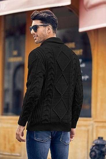 Mens Shawl Collar Pullover Sweater Cable Knitted Cotton Slim Fit Ribbed Chunky Winter Thermal Twisted Sweaters